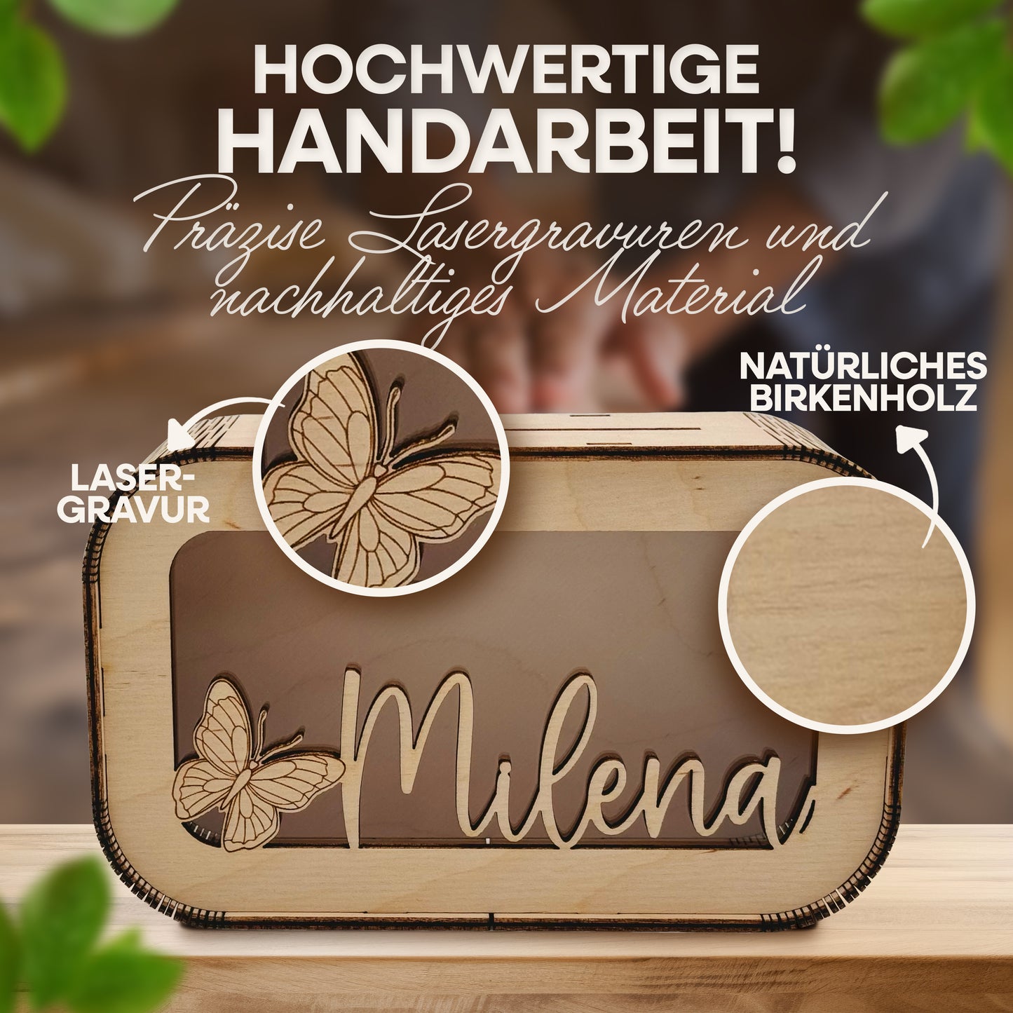 Personalisierte Kinder-Spardose aus Holz mit Namen & Wunschmotiv