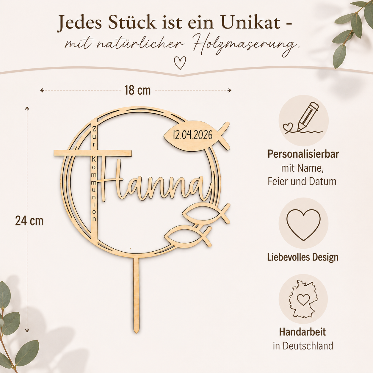 Personalisierter Tortenstecker Taufe Kommunion Konfirmation