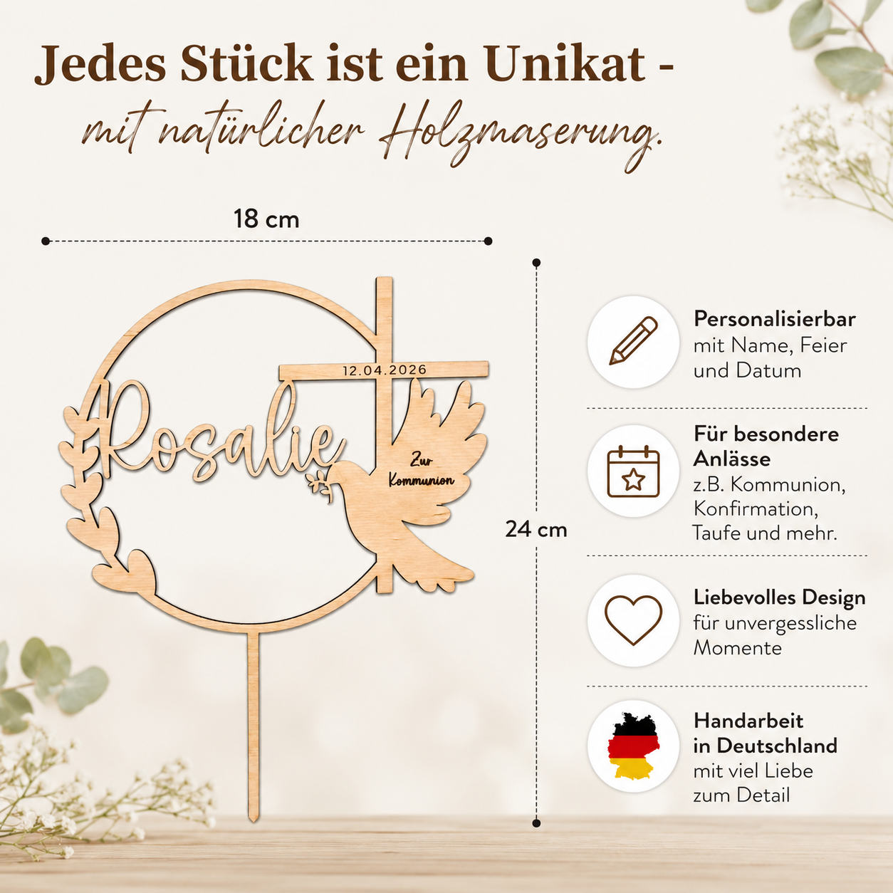 Personalisierter Tortenstecker Taufe Kommunion Konfirmation