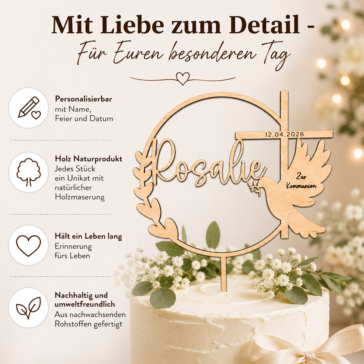Personalisierter Tortenstecker Taufe Kommunion Konfirmation