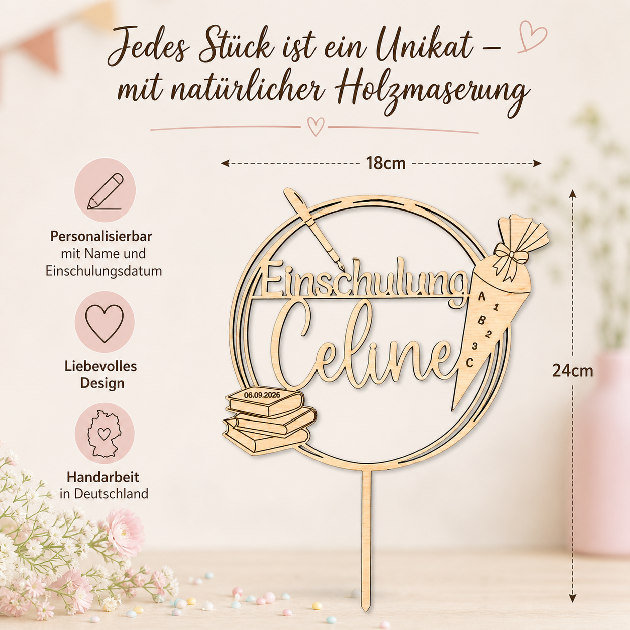 Personalisierter Cake Topper zur Einschulung