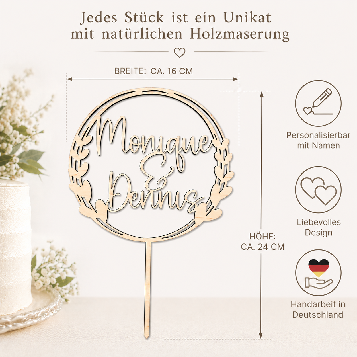 Tortenstecker mit Namen für Hochzeit, Geburtstag