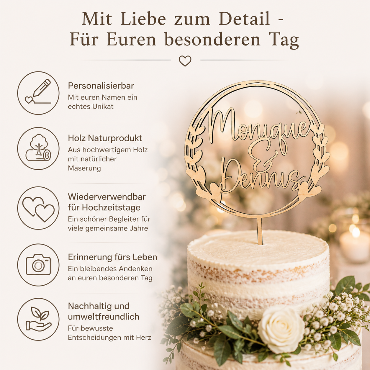 Tortenstecker mit Namen für Hochzeit, Geburtstag