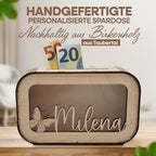 Personalisierte Kinder-Spardose aus Holz mit Namen & Wunschmotiv