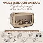 Personalisierte Kinder-Spardose aus Holz mit Namen & Wunschmotiv