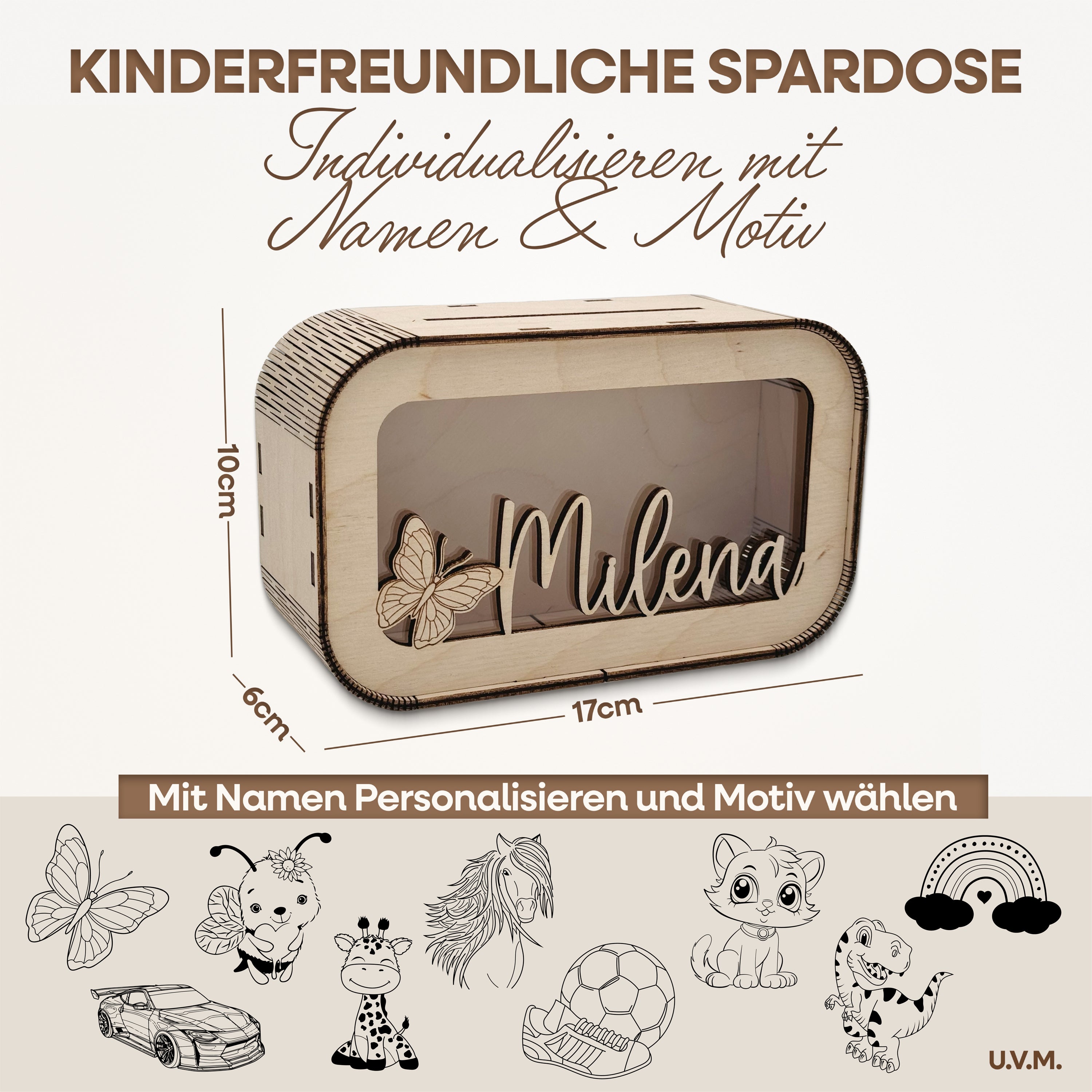 Personalisierte Kinder-Spardose aus Holz mit Namen & Wunschmotiv