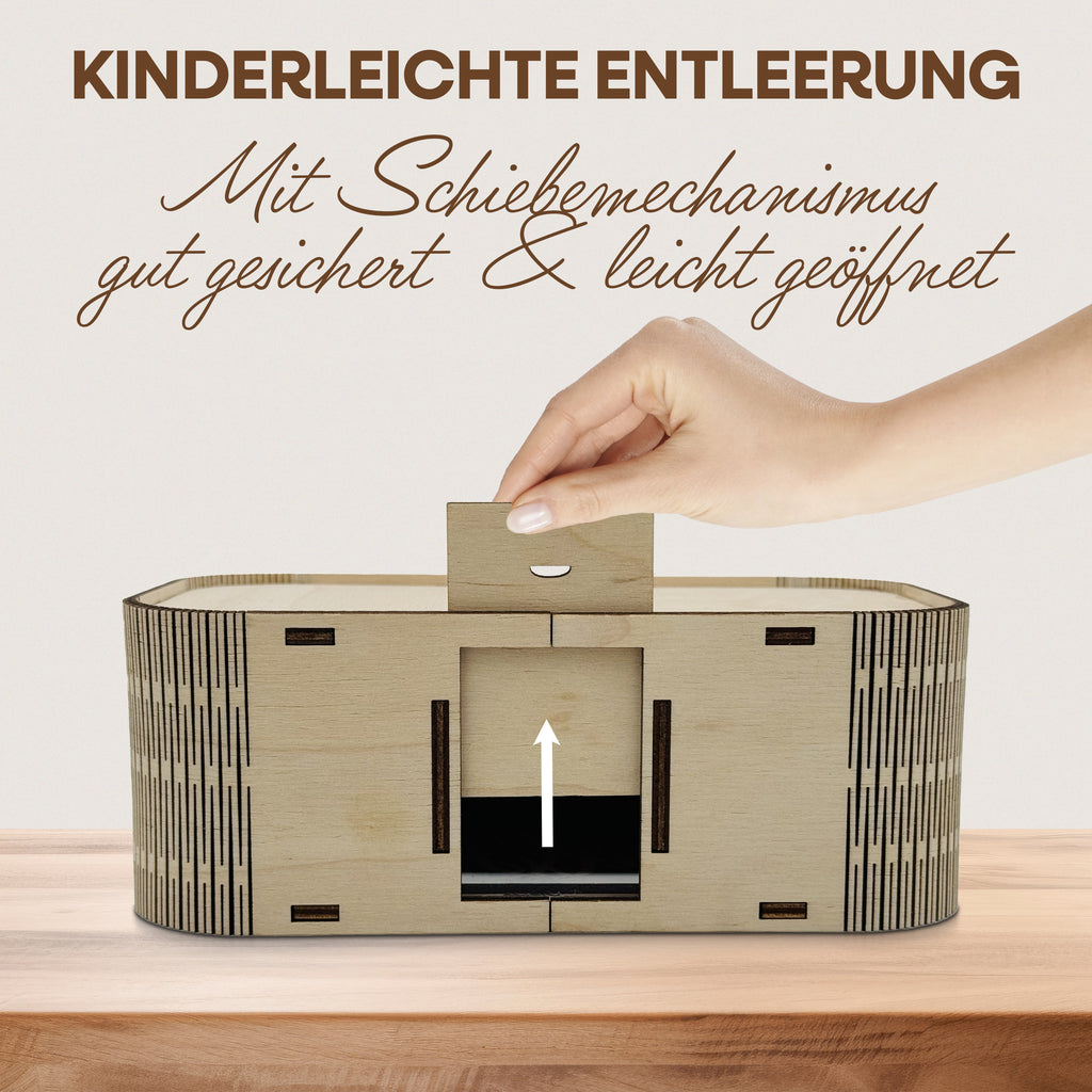 Personalisierte Kinder-Spardose aus Holz mit Namen & Wunschmotiv
