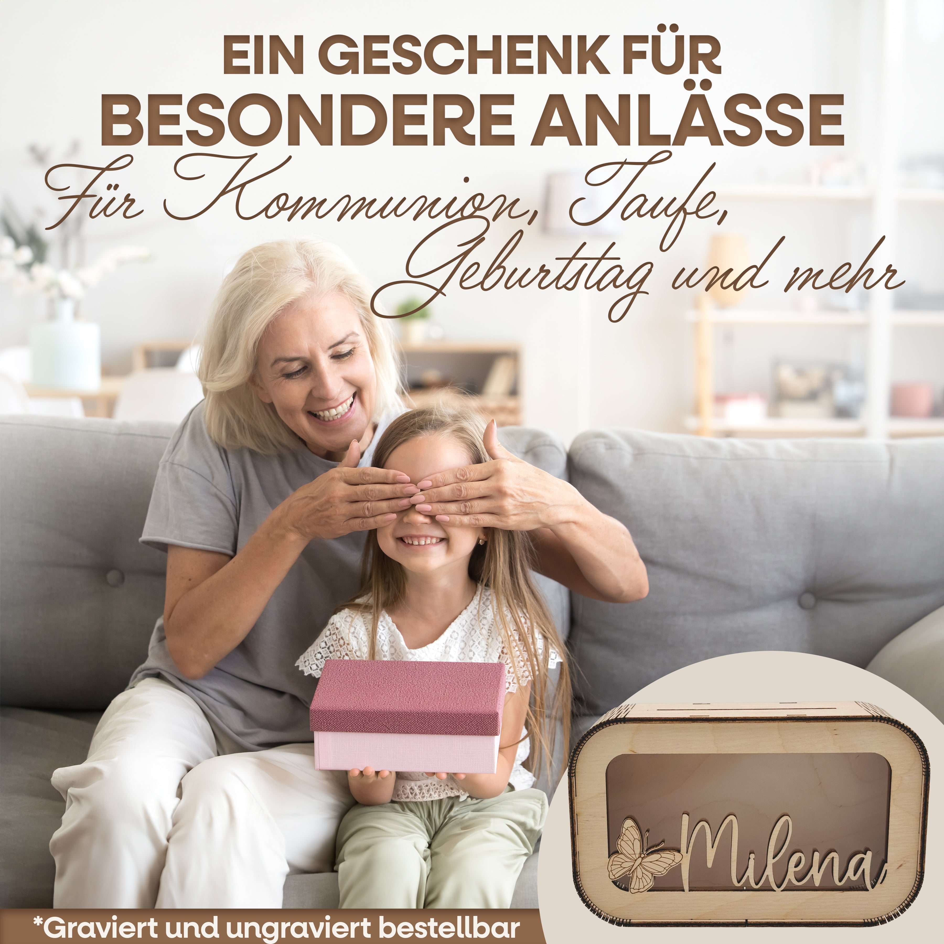 Personalisierte Kinder-Spardose aus Holz mit Namen & Wunschmotiv