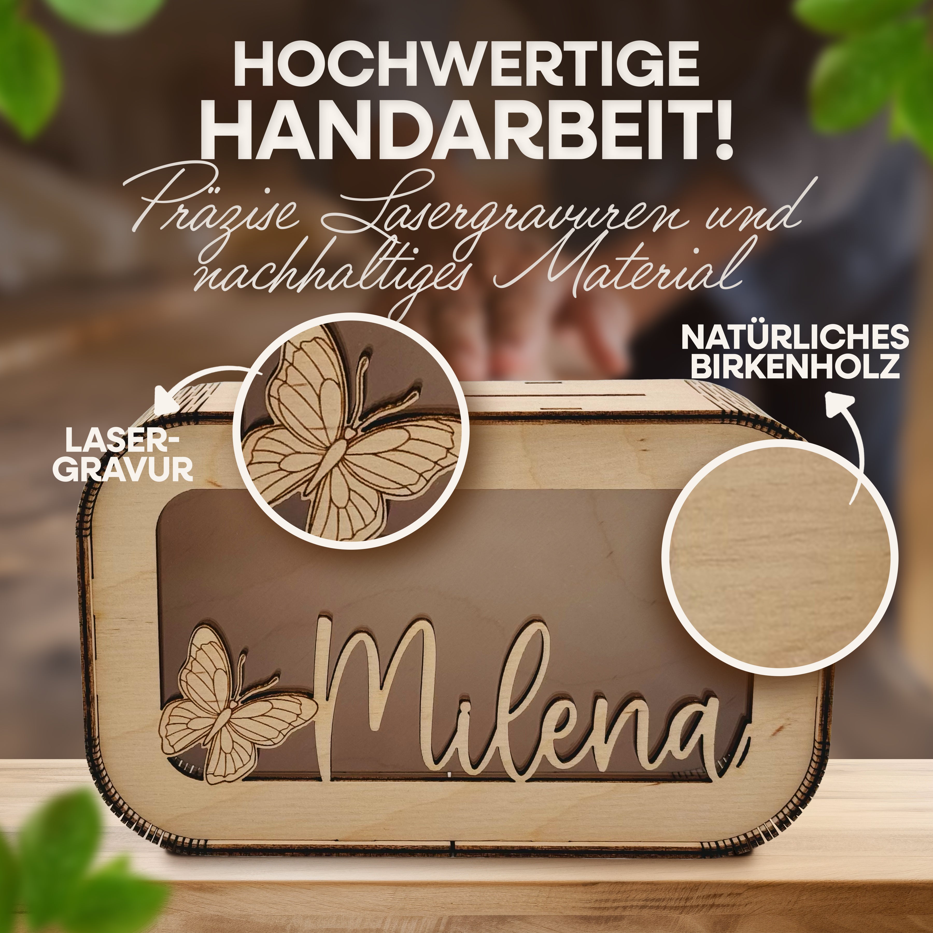 Personalisierte Kinder-Spardose aus Holz mit Namen & Wunschmotiv