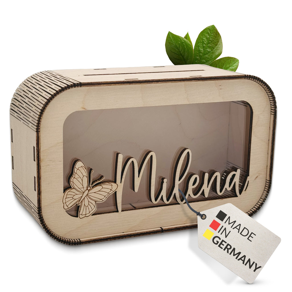 Personalisierte Kinder-Spardose aus Holz mit Namen & Wunschmotiv