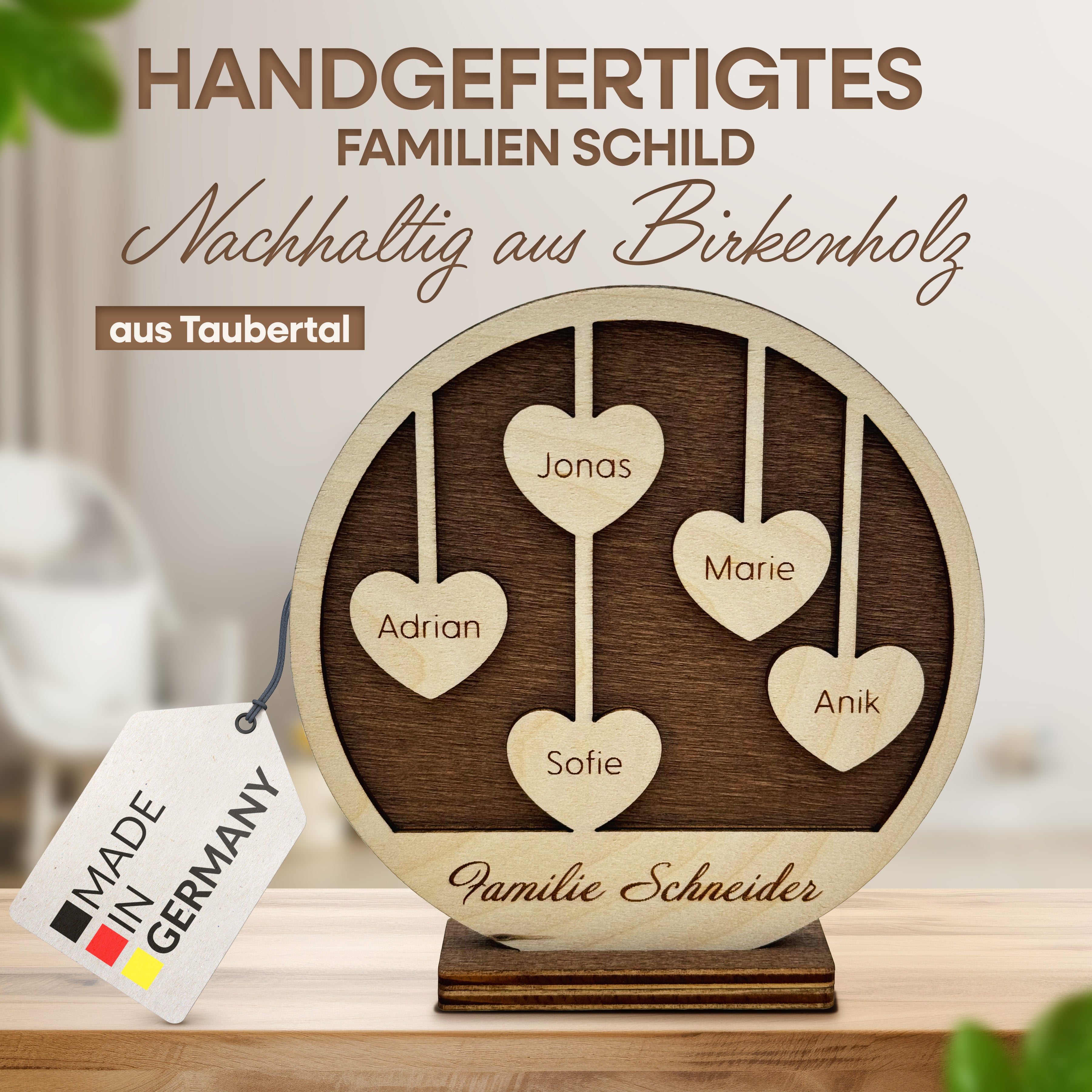 Personalisiertes Holzschild Herz mit Namen – moderne Holzdeko aus umweltfreundlichem Holz, Geschenk mit Gravur