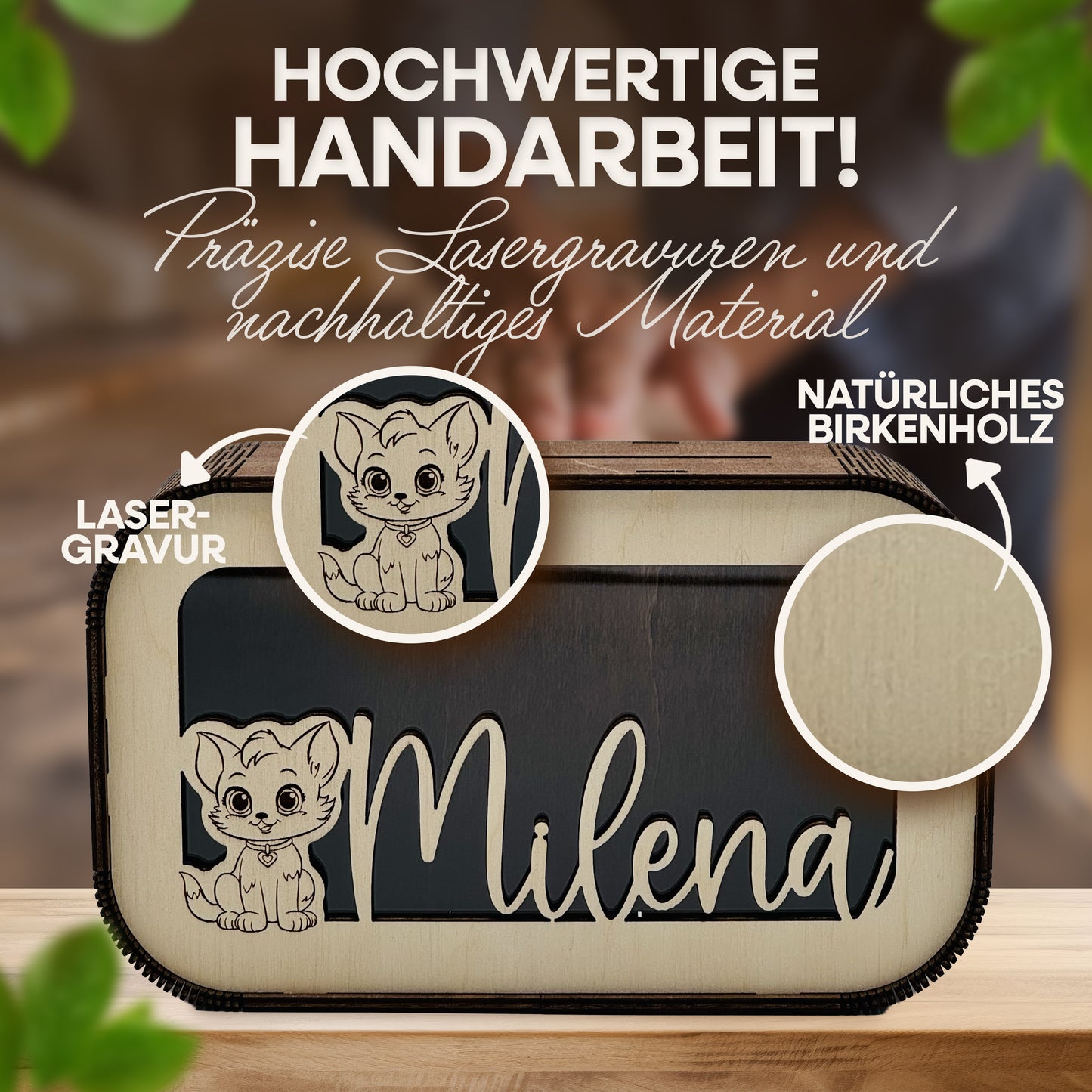 Personalisierte Kinder-Spardose aus Holz in Nussbraun mit Namen & Wunschmotiv