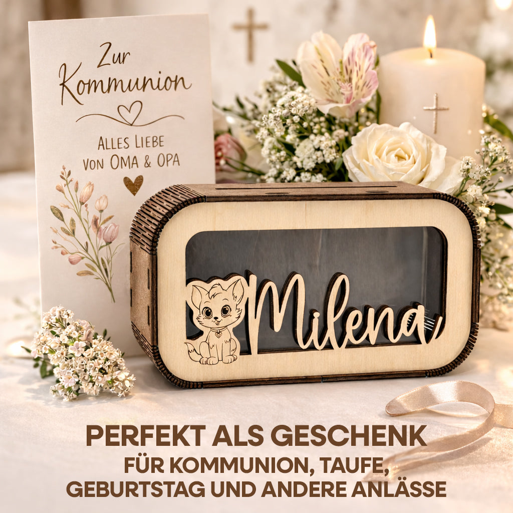 Personalisierte Kinder-Spardose aus Holz in Nussbraun mit Namen & Wunschmotiv