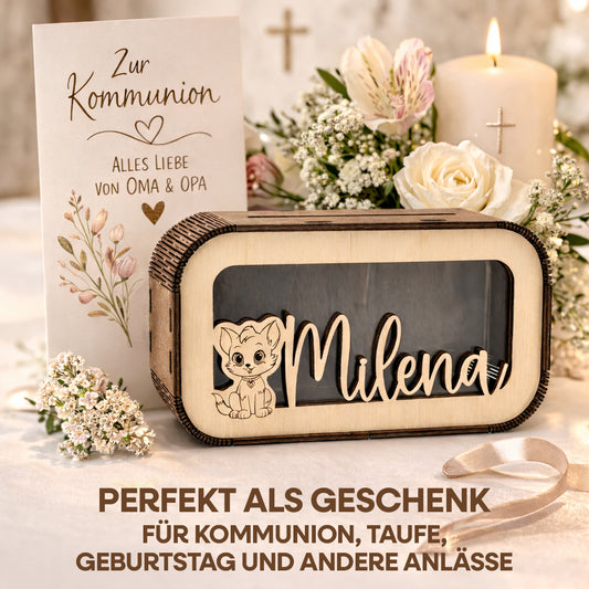 Personalisierte Kinder-Spardose aus Holz in Nussbraun mit Namen & Wunschmotiv