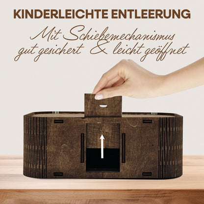 Personalisierte Kinder-Spardose aus Holz in Nussbraun mit Namen & Wunschmotiv