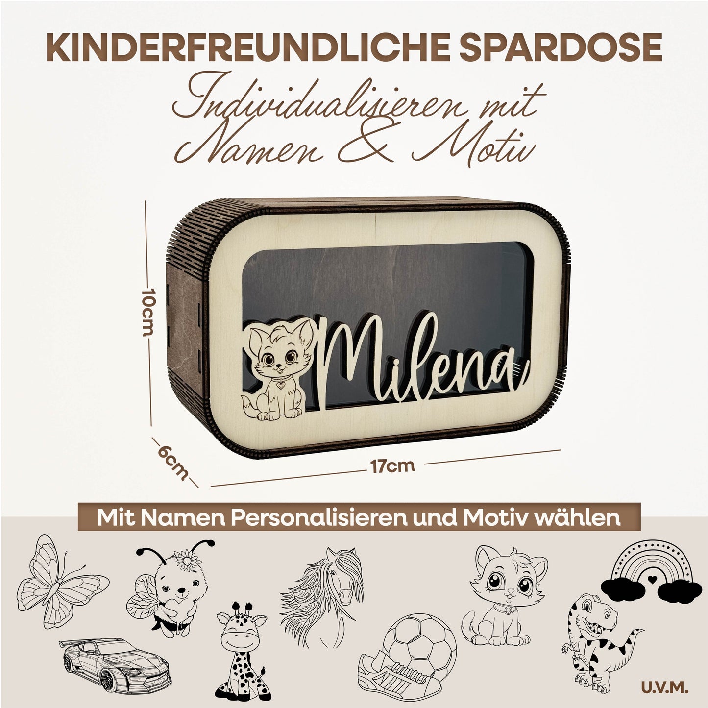 Personalisierte Kinder-Spardose aus Holz in Nussbraun mit Namen & Wunschmotiv