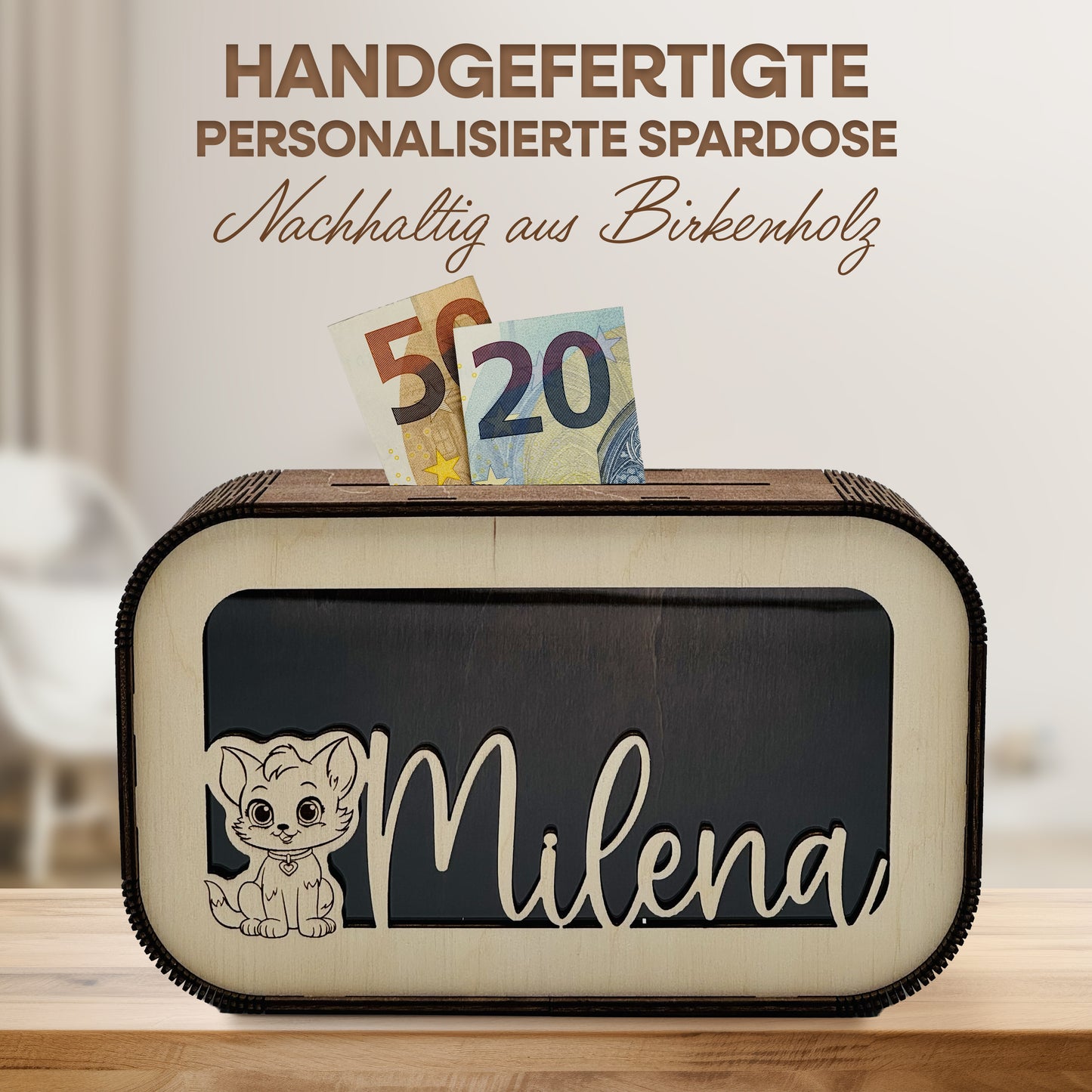 Personalisierte Kinder-Spardose aus Holz in Nussbraun mit Namen & Wunschmotiv