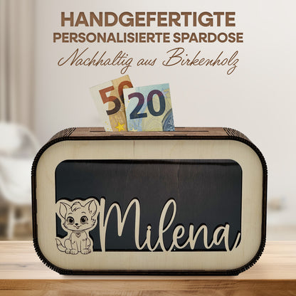 Personalisierte Kinder-Spardose aus Holz in Nussbraun mit Namen & Wunschmotiv